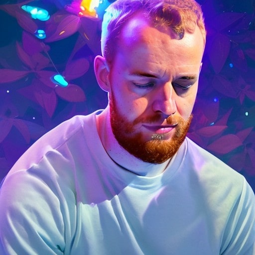 AI-generated purple image of Alex looking thoughtful